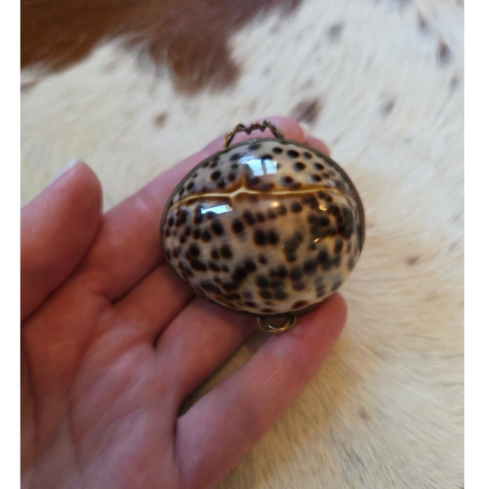 VTG Tiger Cowrie Hinged Seashell Jewelry Holder Trinket Coastal Ocean Boho Brass